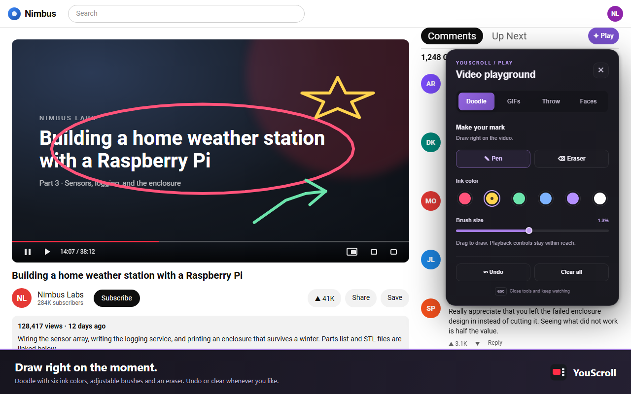 The Video playground's Doodle tab, with a circle, a star and an arrow drawn over the video.