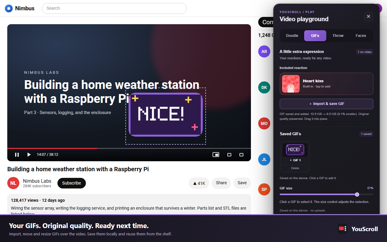 The GIFs tab with an imported GIF placed over the video and a Saved GIFs shelf.