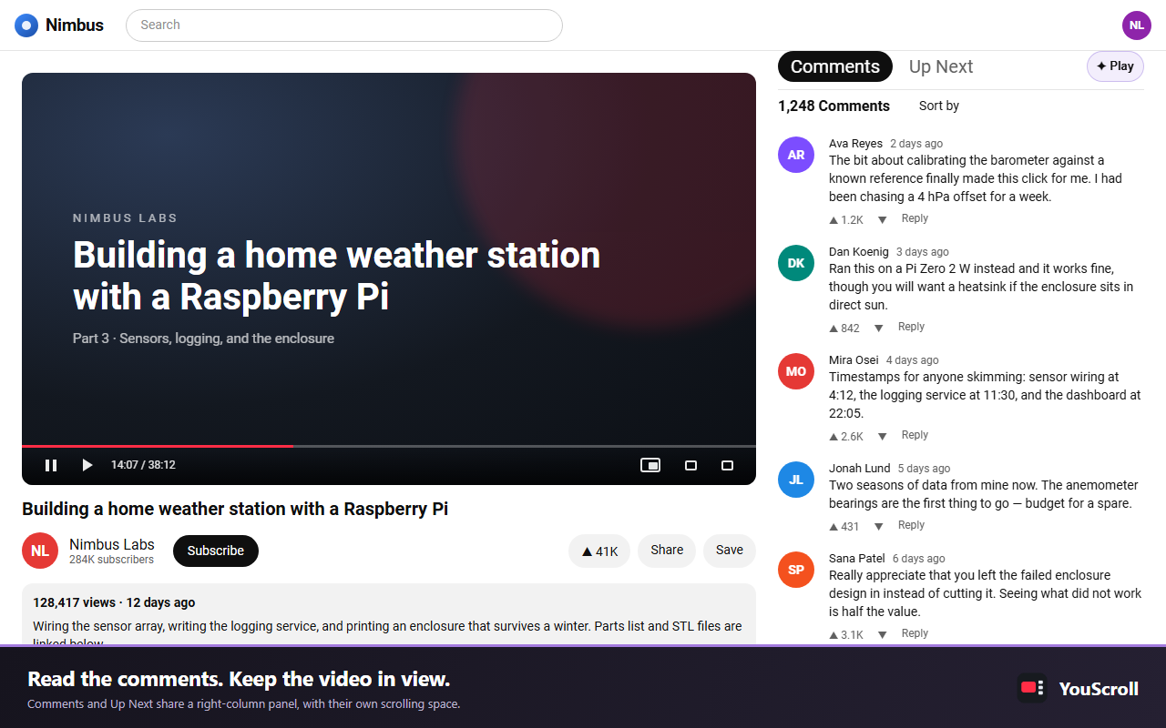 A watch page with Comments and Up Next in a full-height panel beside the video.