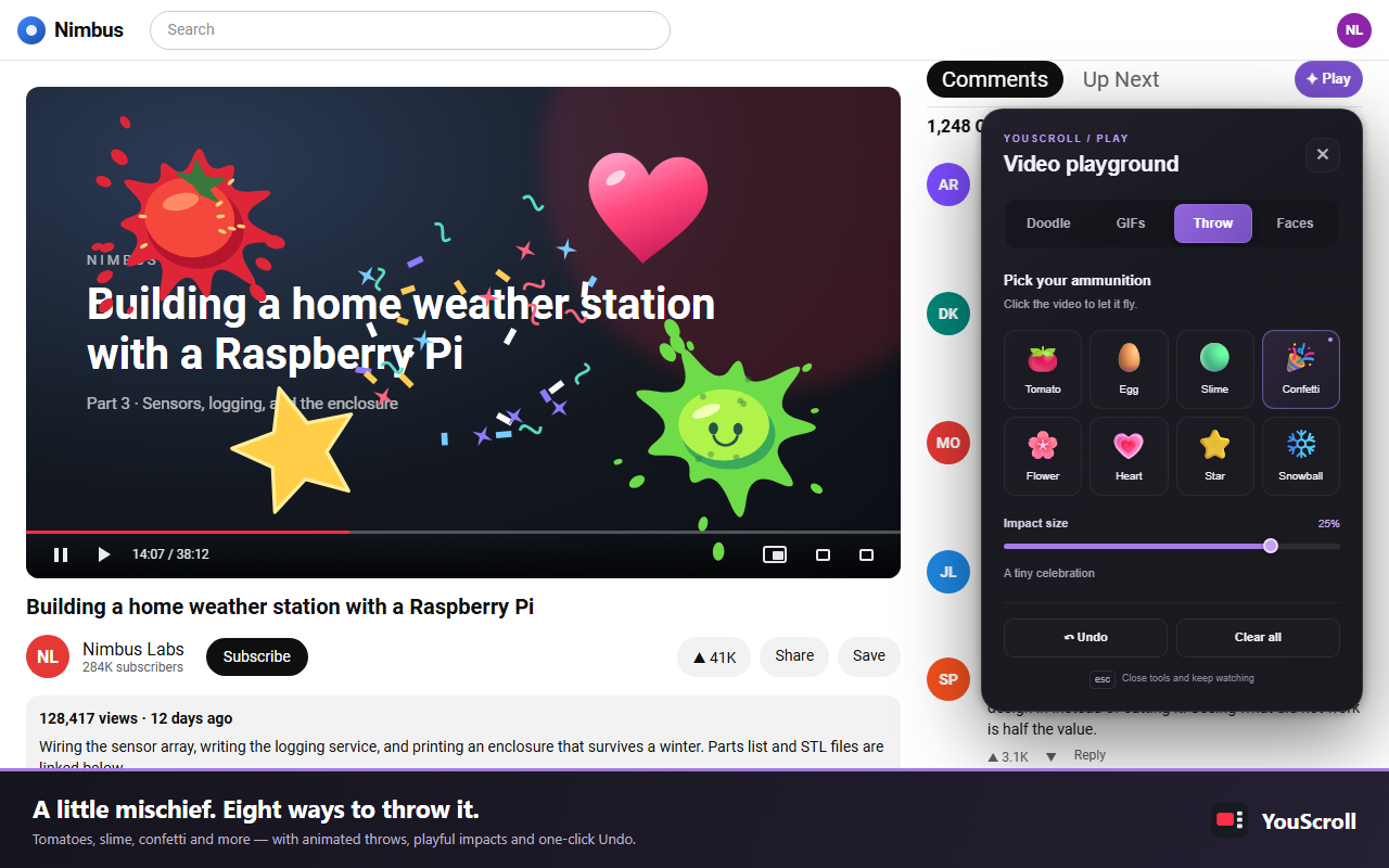 The Throw tab, with a tomato, slime, confetti, a heart and a star splatted over the video.